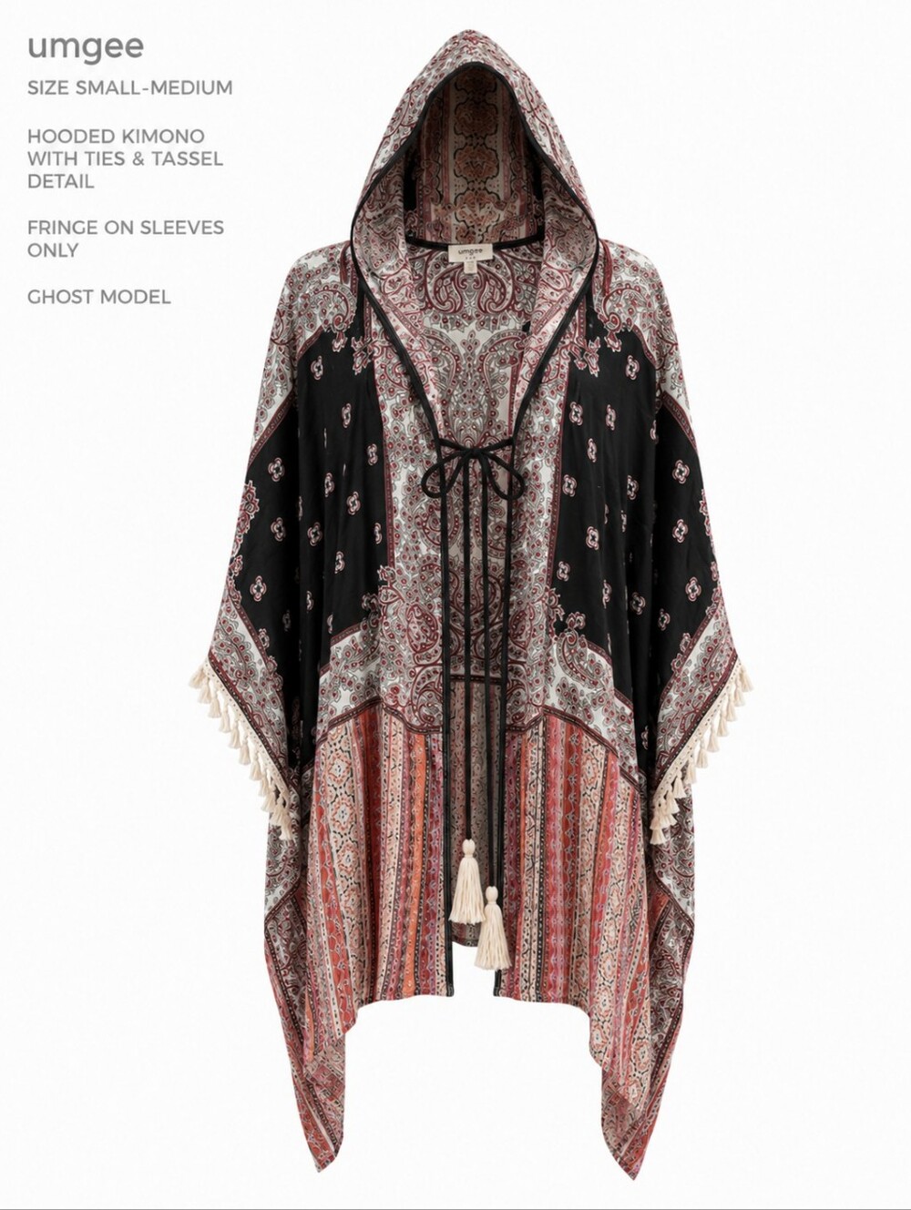 UMGEE | Boho Hooded Kimono Cardigan Fringe Tassel Festival Layer Duster | S /‎ M